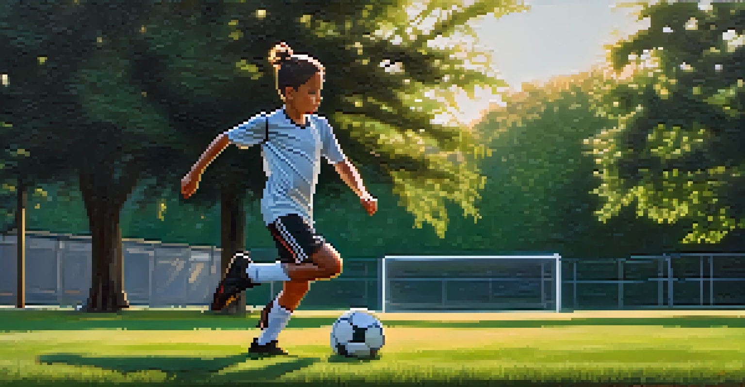 A young athlete practicing soccer in a park, showcasing determination and a warm sunset glow.