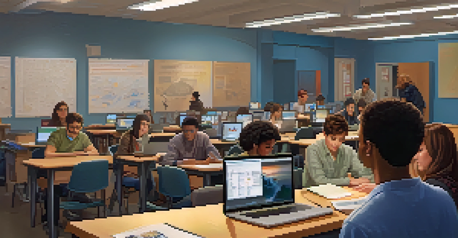 An adult learner in a warm classroom setting attending a night class, surrounded by diverse fellow students and a teacher, all engaged in learning.
