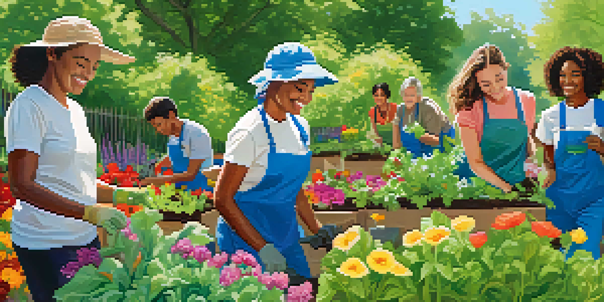 A diverse group of volunteers working together in a community garden, planting vegetables and flowers under bright sunlight.