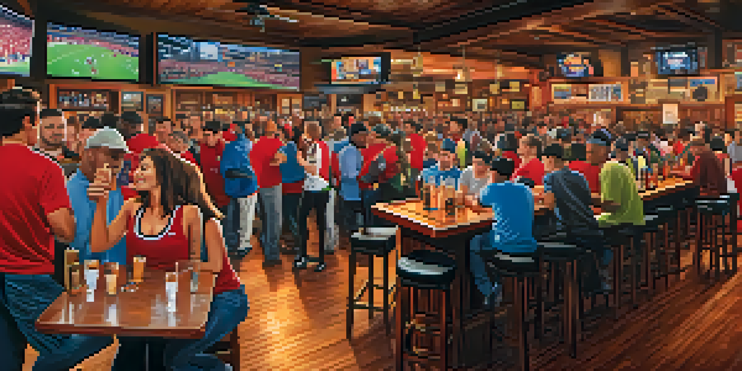 A lively Houston sports bar with fans in team jerseys cheering at a game on a large screen, surrounded by sports memorabilia.