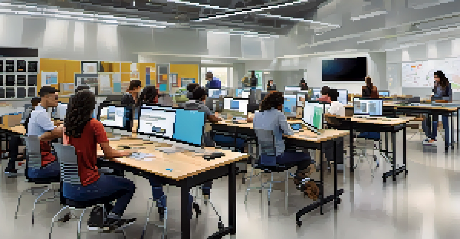 A modern university classroom in Houston with diverse students collaborating on technology projects.
