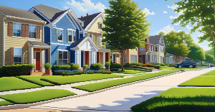 A sunny suburban neighborhood in Houston with families enjoying outdoor activities and children playing in a park.