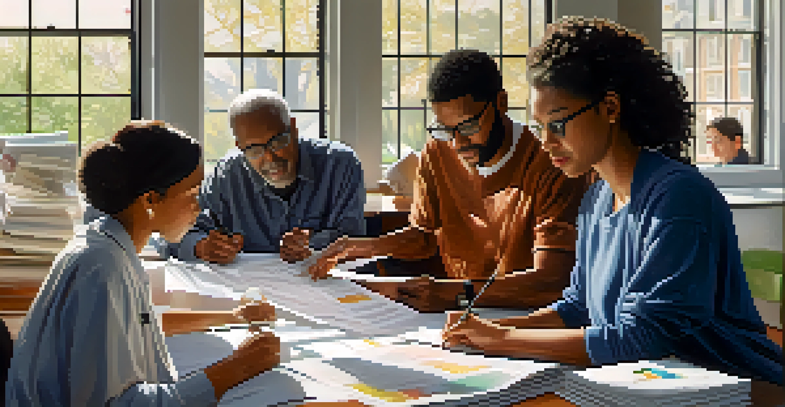 A diverse group of researchers collaborating over medical papers and laptops in a well-lit room.