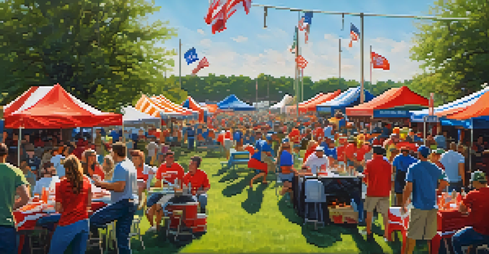 A lively tailgate party with fans in team colors celebrating outside a college football stadium in Houston, Texas.