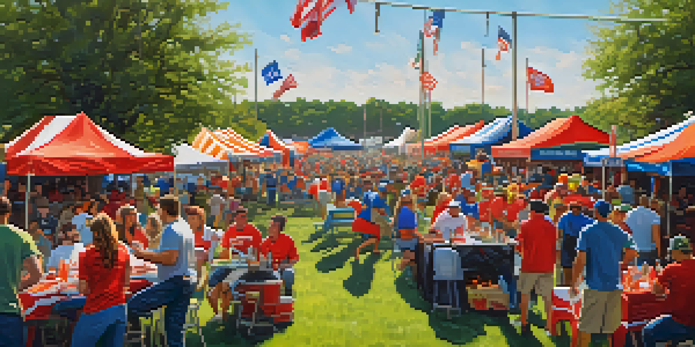 A lively tailgate party with fans in team colors celebrating outside a college football stadium in Houston, Texas.