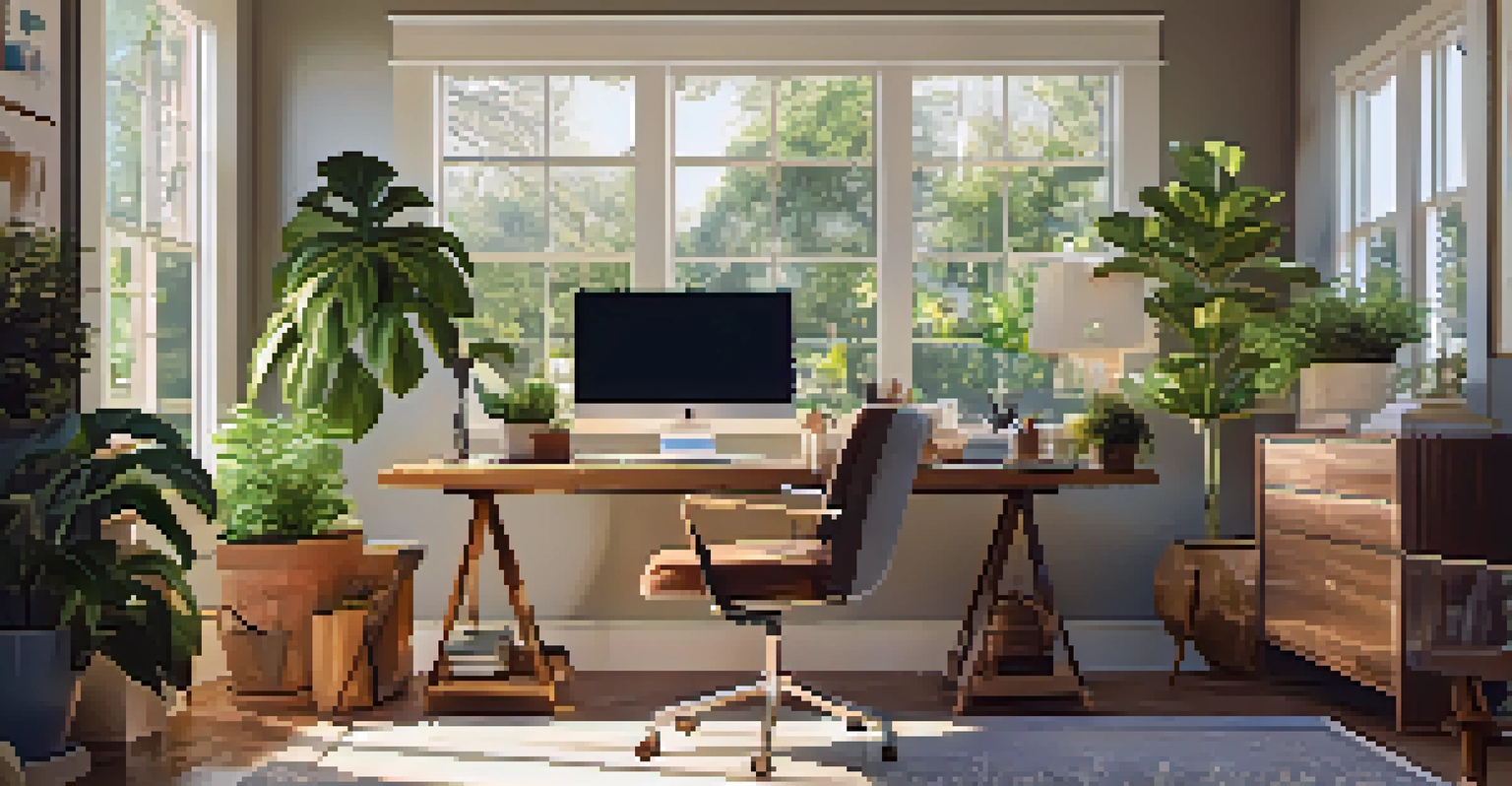 A cozy home office in a suburban Houston house with a desk by a window, plants, and warm lighting creating a serene workspace.