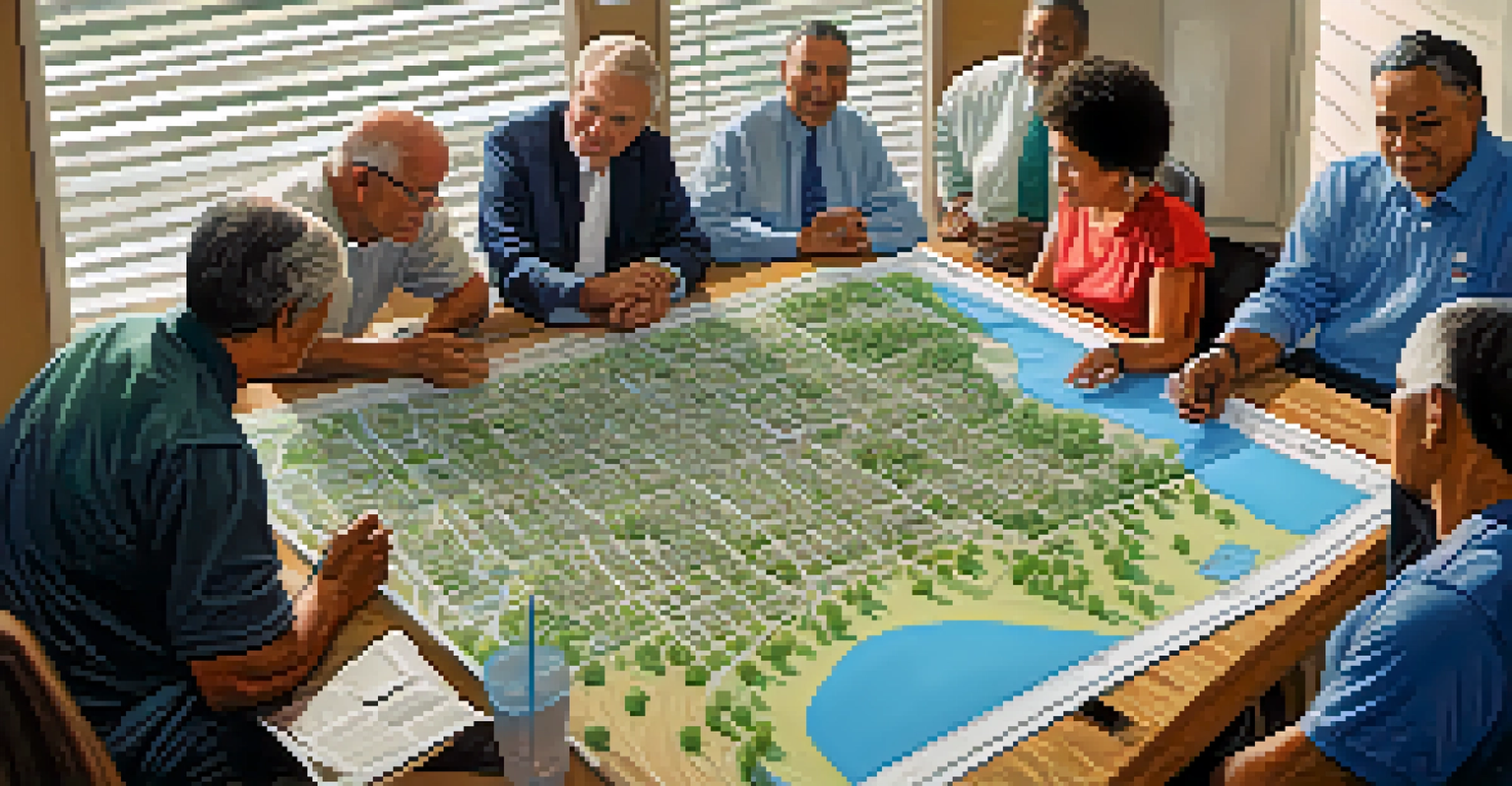 A diverse group of residents in Houston participating in a community meeting about flood preparedness, with maps and materials on the table.