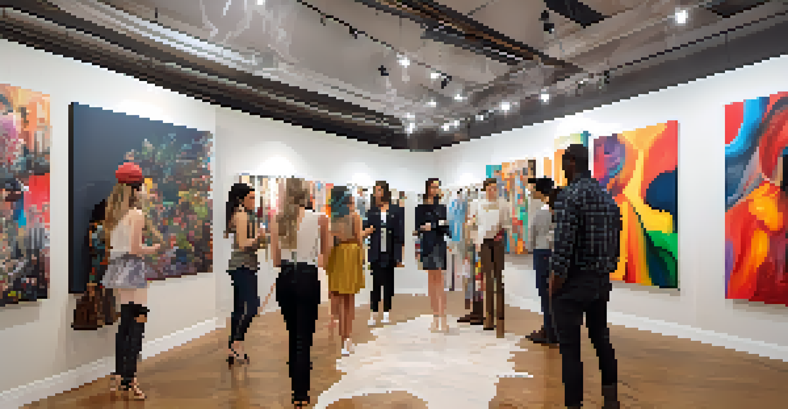 An art and fashion collaboration event in a boutique, showcasing models in innovative clothing surrounded by local artworks and engaged visitors.