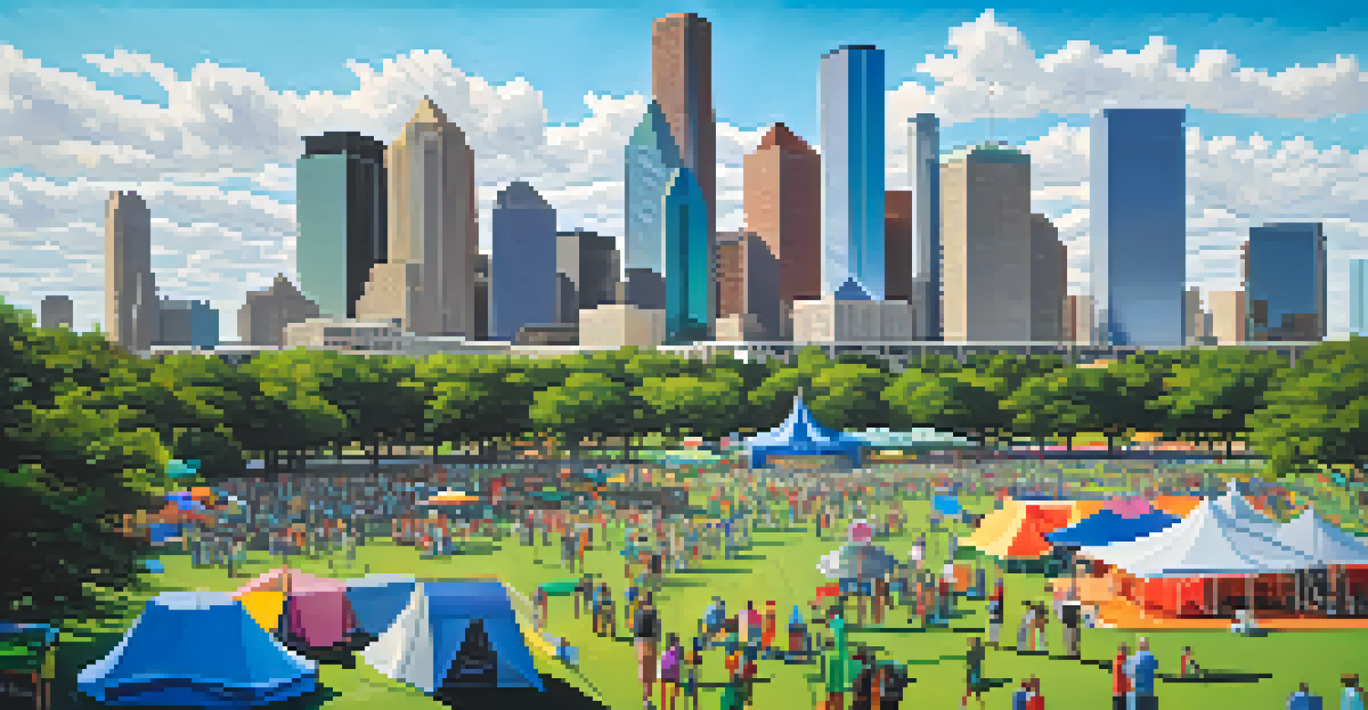 Aerial view of Houston's skyline with a vibrant cultural event in a park featuring colorful tents and banners.