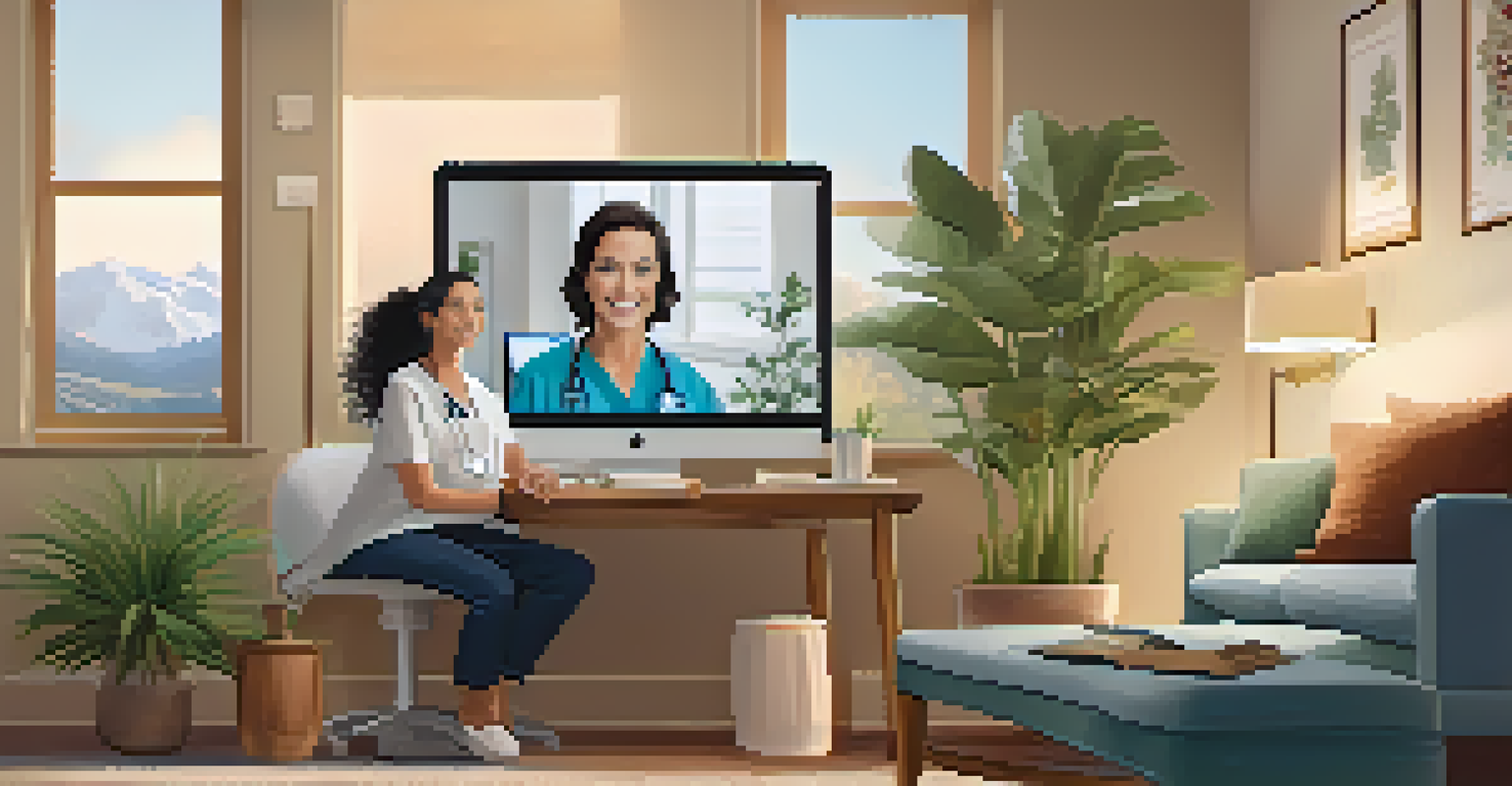 A patient at home engaged in a telemedicine consultation on a laptop with a friendly healthcare provider on the screen.