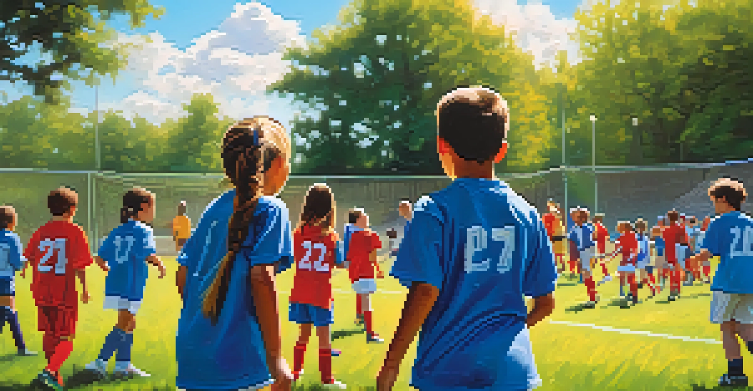 Children in colorful jerseys participating in a youth soccer camp on a sunny day, with a coach guiding them.