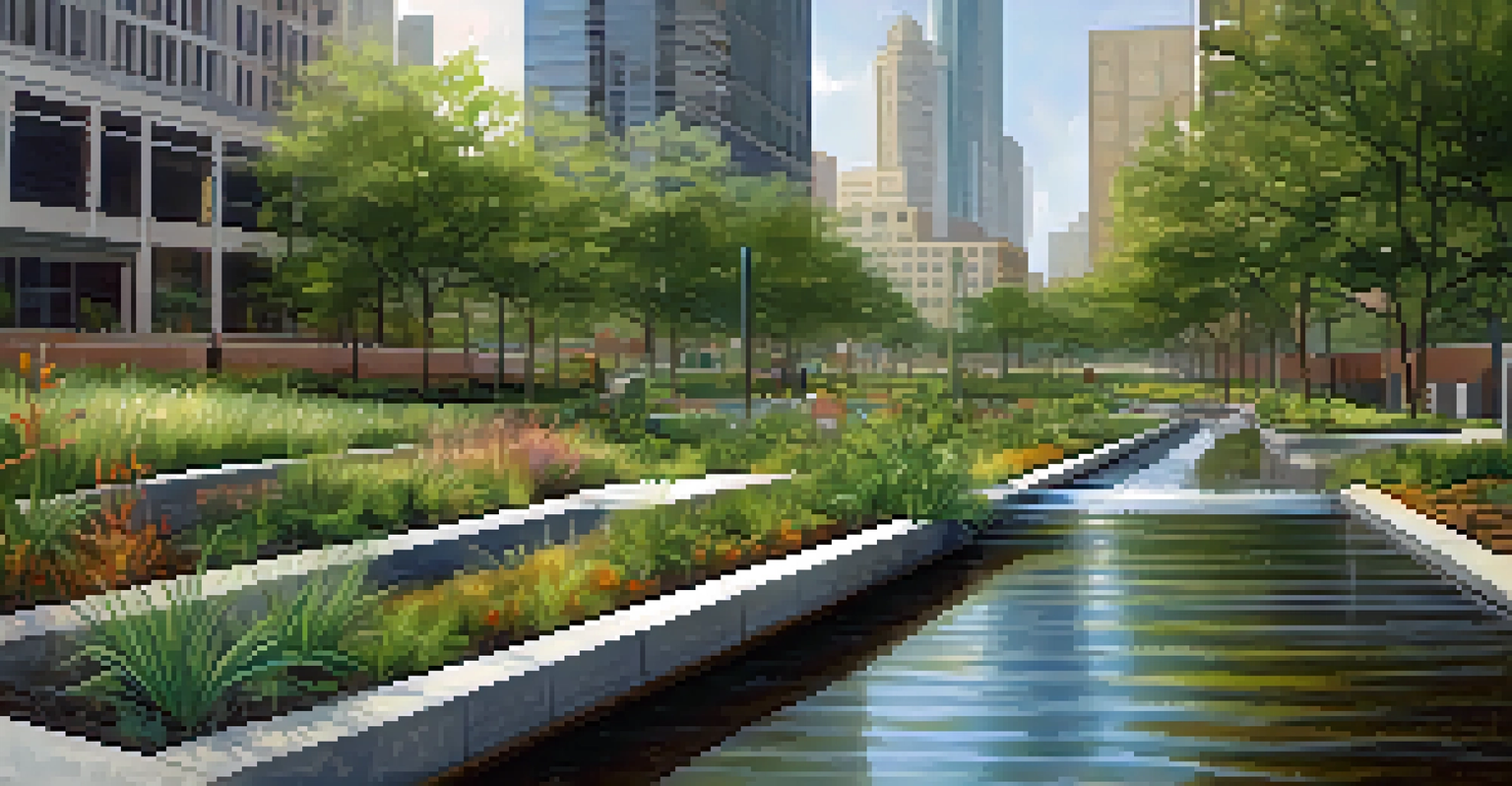 A modern drainage system with a rain garden in an urban setting, highlighting green infrastructure.