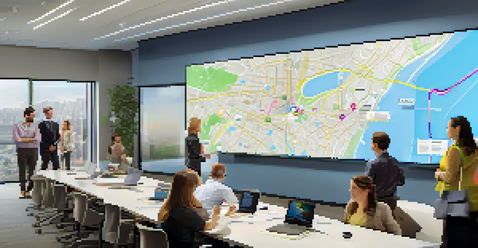 City planners and community members interact with a large digital map in a modern office, discussing transportation options.