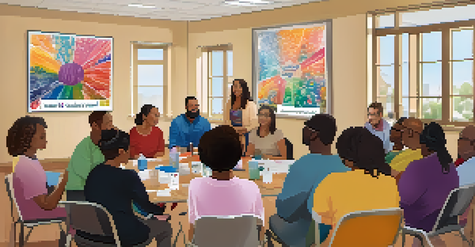 Participants in a diverse mental health workshop at a community center, engaged in discussion and supported by a bright and welcoming environment.