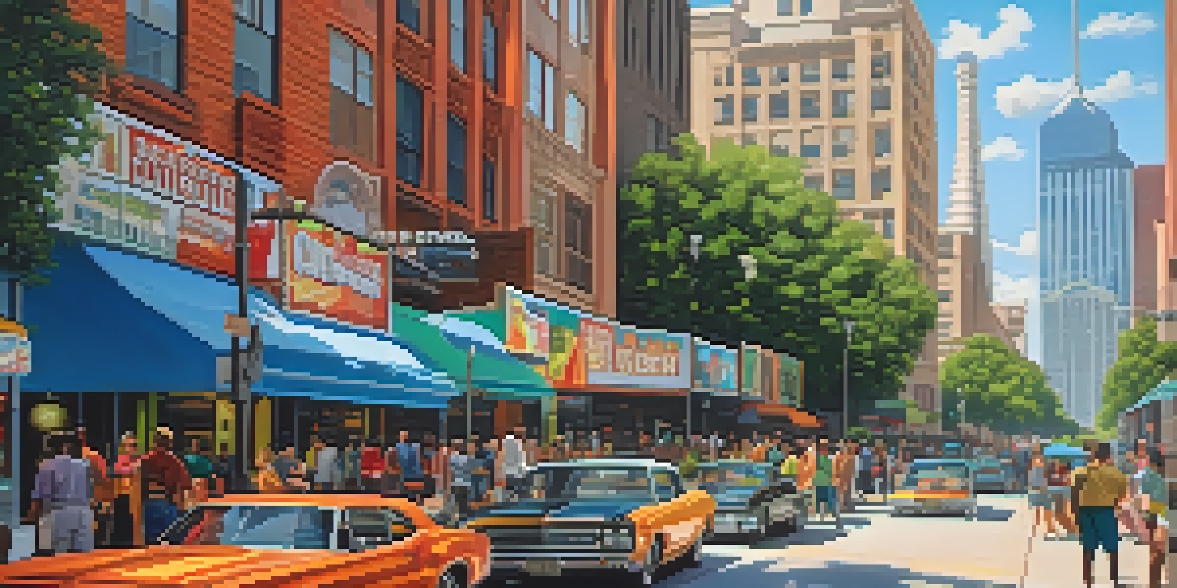 Filmmakers in Houston engaging in discussions on a busy street, with city architecture and festival banners in the background.