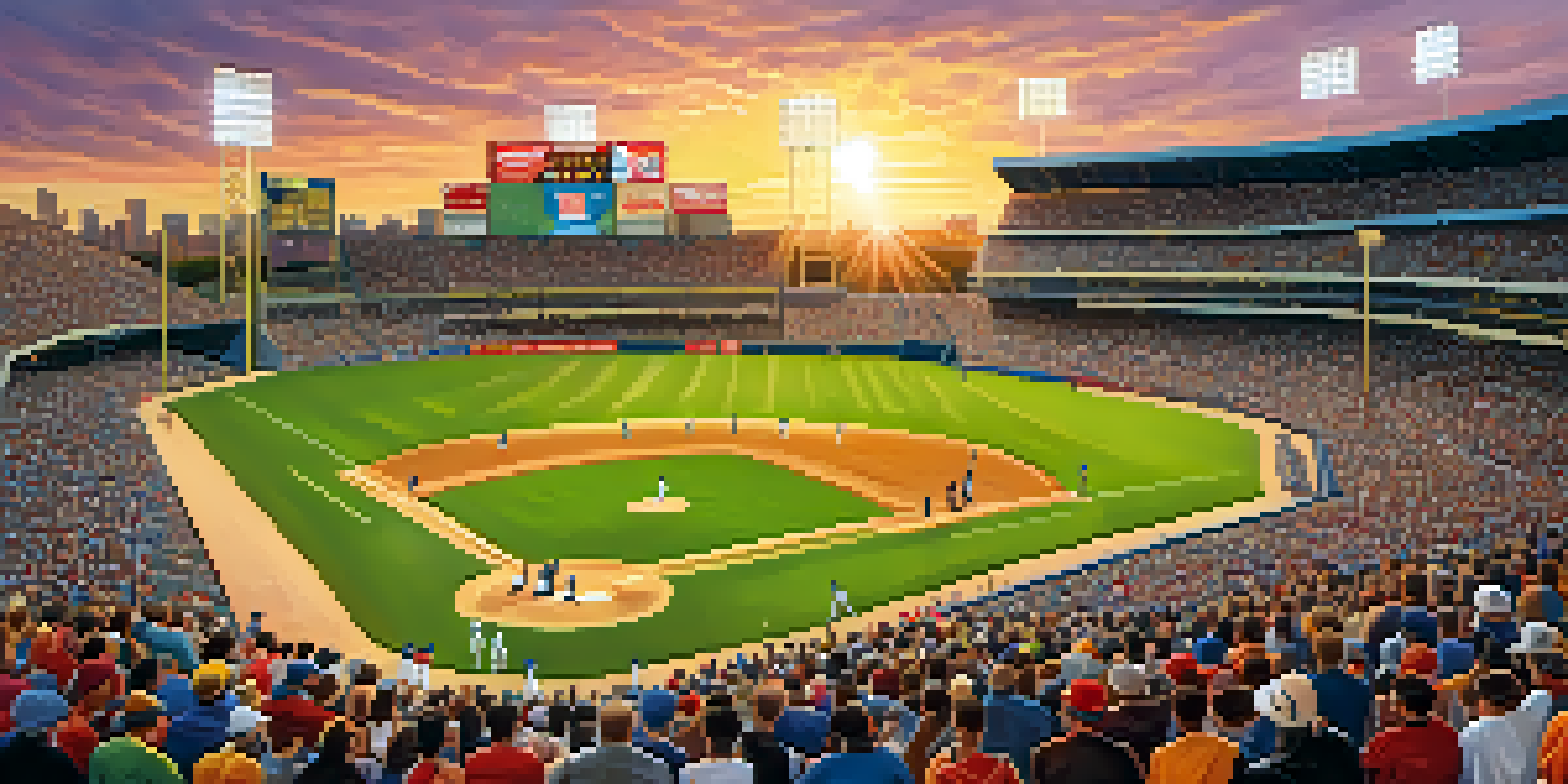 A busy baseball stadium in Houston filled with cheering fans, colorful jerseys, and a sunset backdrop.