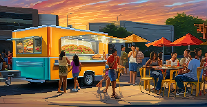 A lively street food scene in Houston with a taco truck and families enjoying meals under a colorful mural at sunset.