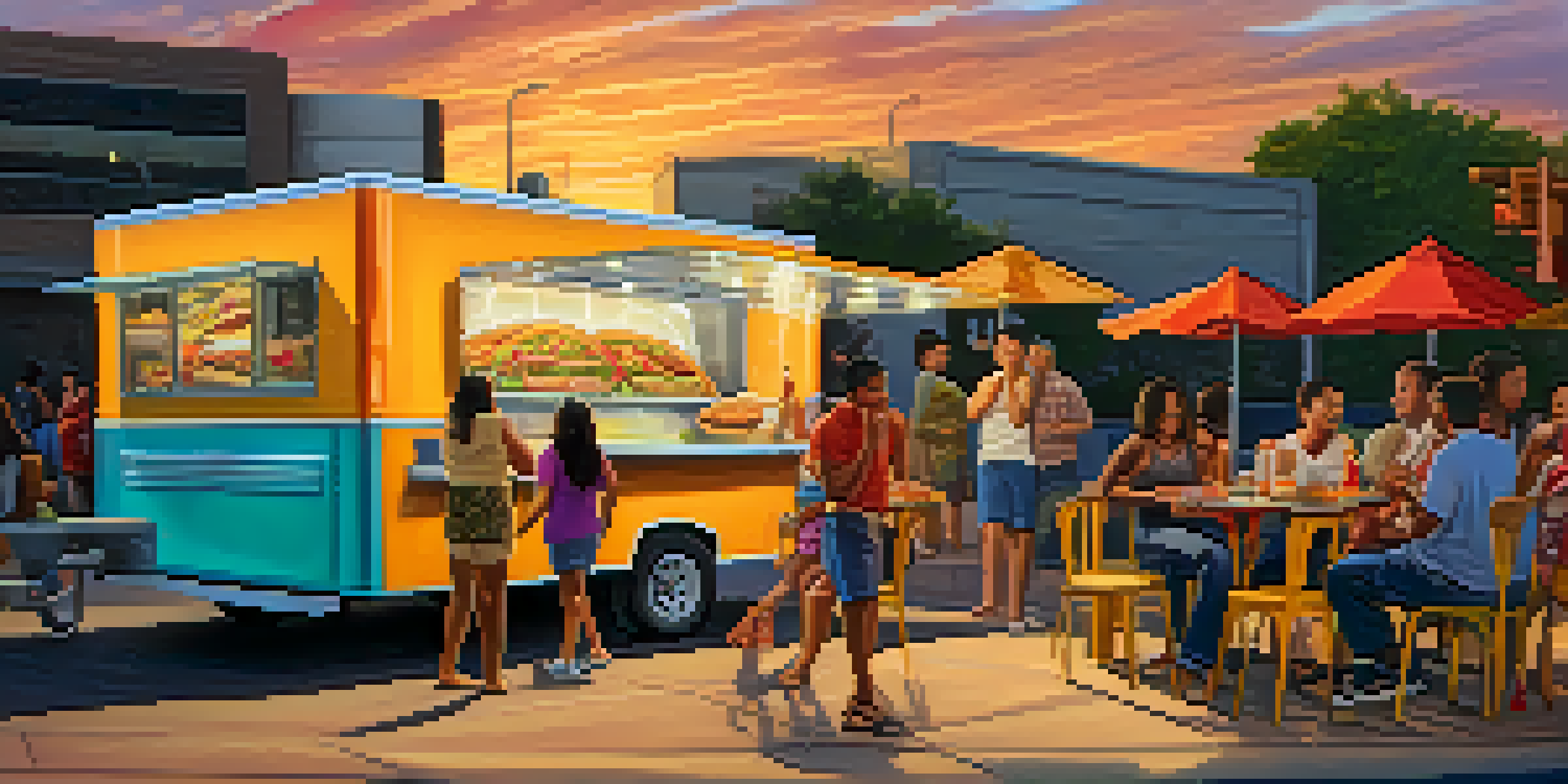 A lively street food scene in Houston with a taco truck and families enjoying meals under a colorful mural at sunset.