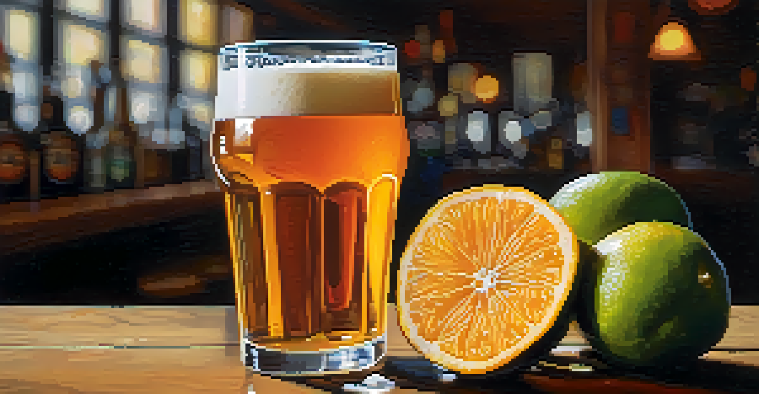 A close-up of a glass of craft beer on a wooden table, surrounded by fresh citrus fruits and honey, showcasing the vibrant colors and textures.