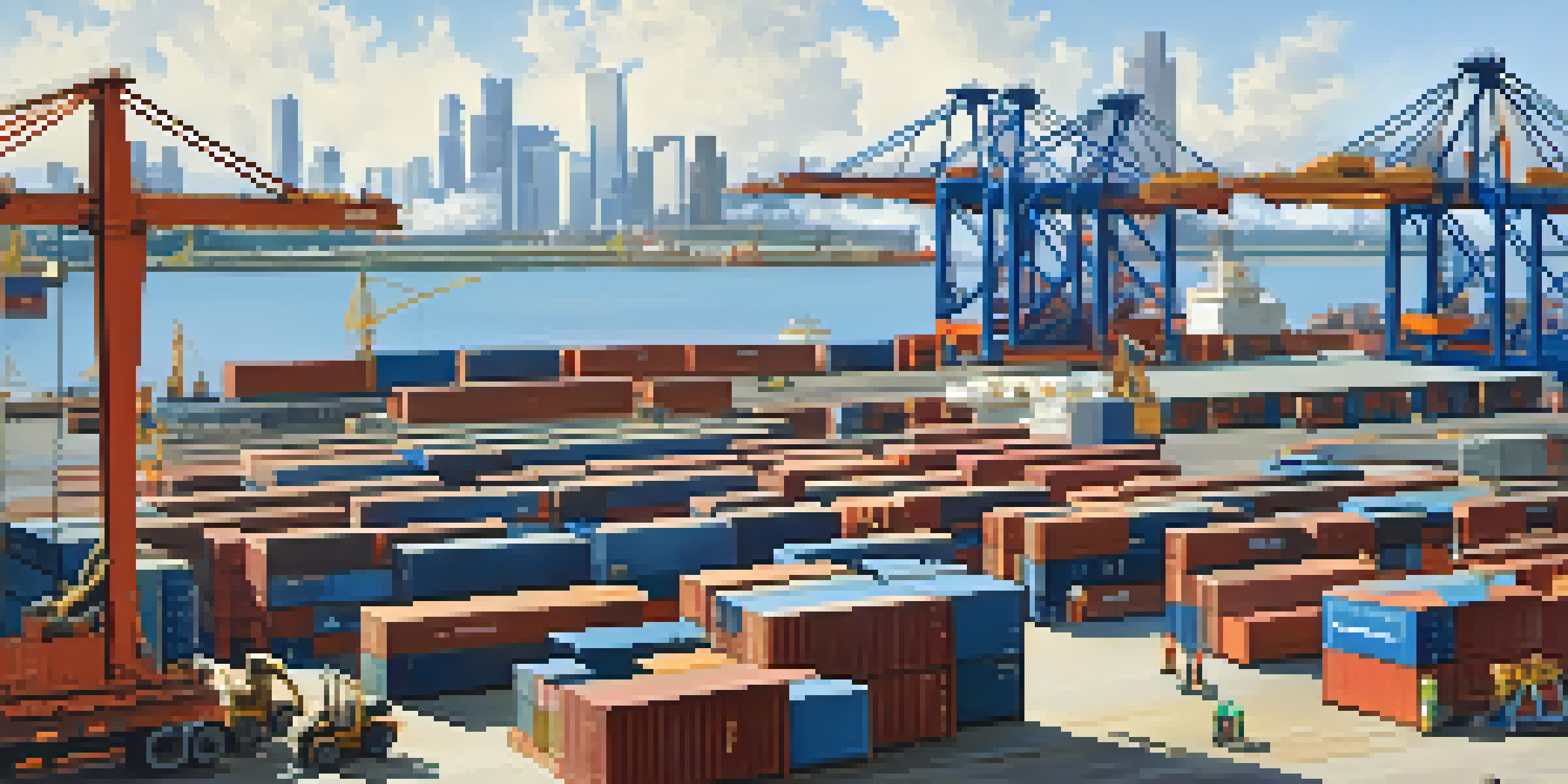 A busy port with large cargo ships, cranes, and workers loading containers, with a city skyline in the background.