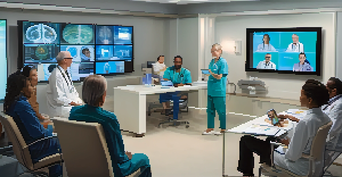 A diverse group of patients having a telemedicine consultation with healthcare providers on a large screen, showcasing modern technology in a well-lit environment.