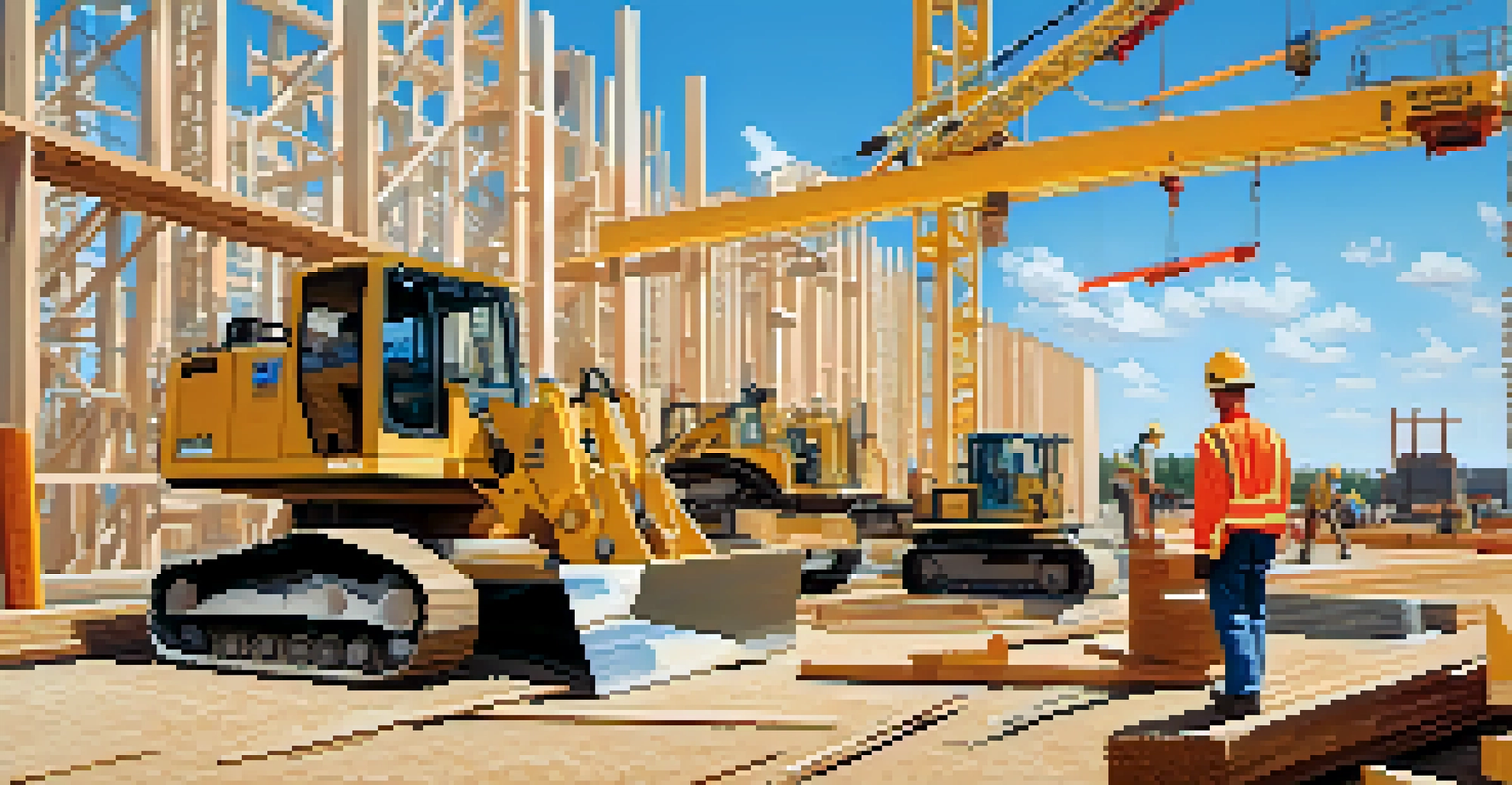 Close-up of a Houston construction site with workers and machinery amidst building materials.