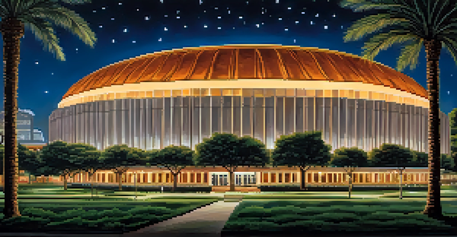 The Astrodome illuminated at night, showcasing its iconic architecture with palm trees and a starry sky in the background.
