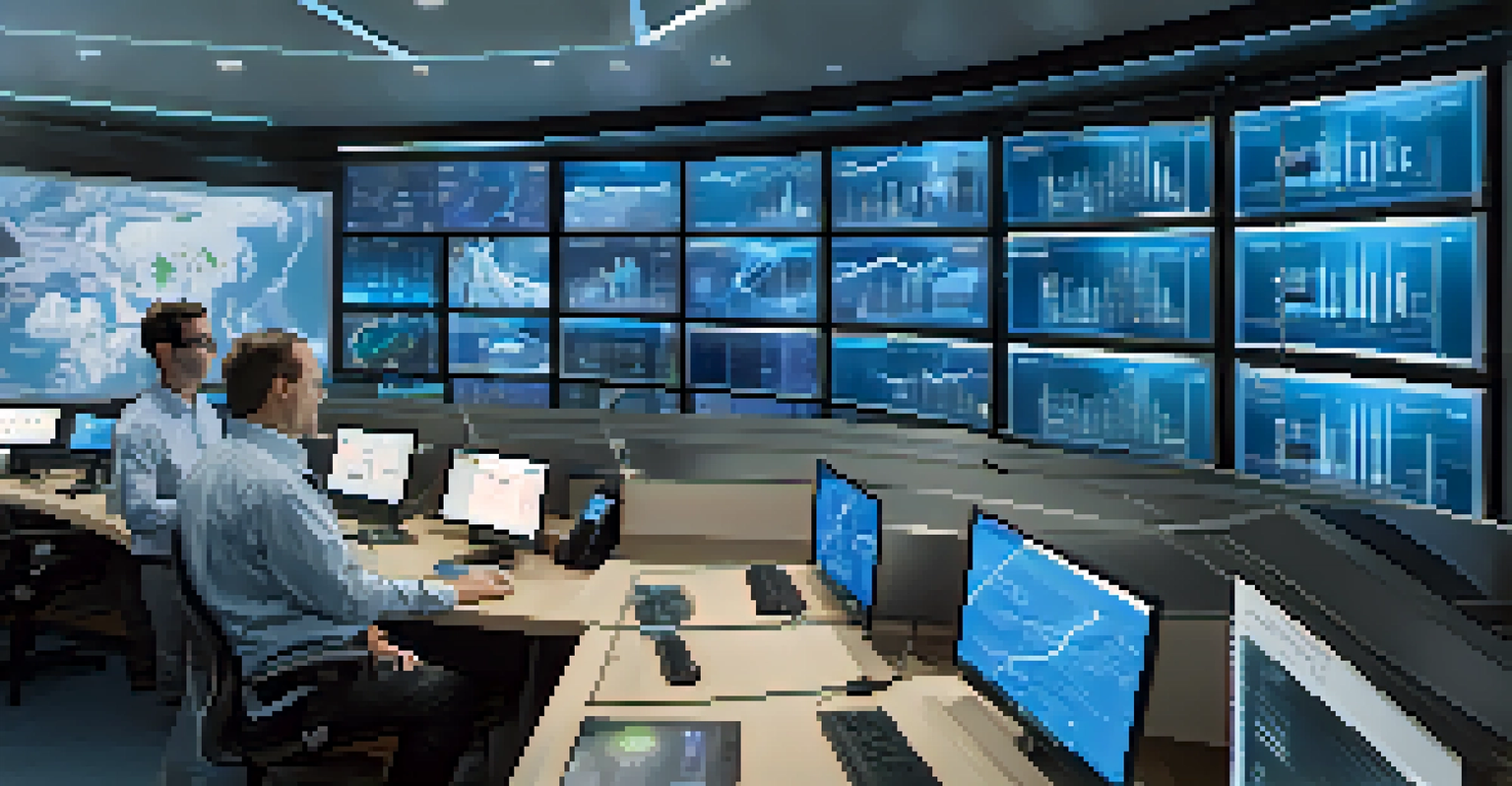 A modern smart grid control room with team members analyzing energy usage data on screens.
