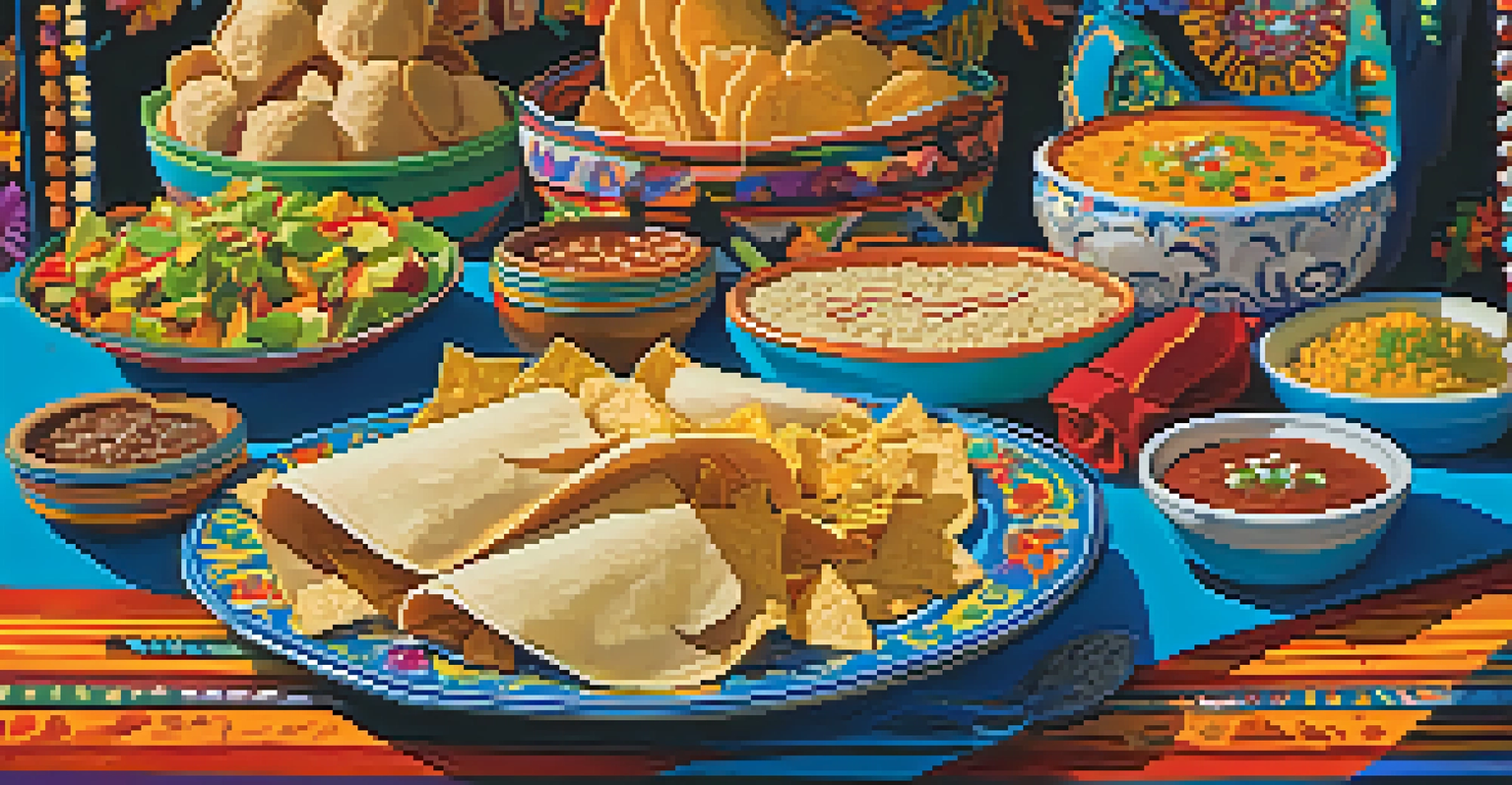 A colorful display of traditional Mexican dishes at the Dia de los Muertos Festival, with vibrant decorations and food stalls.