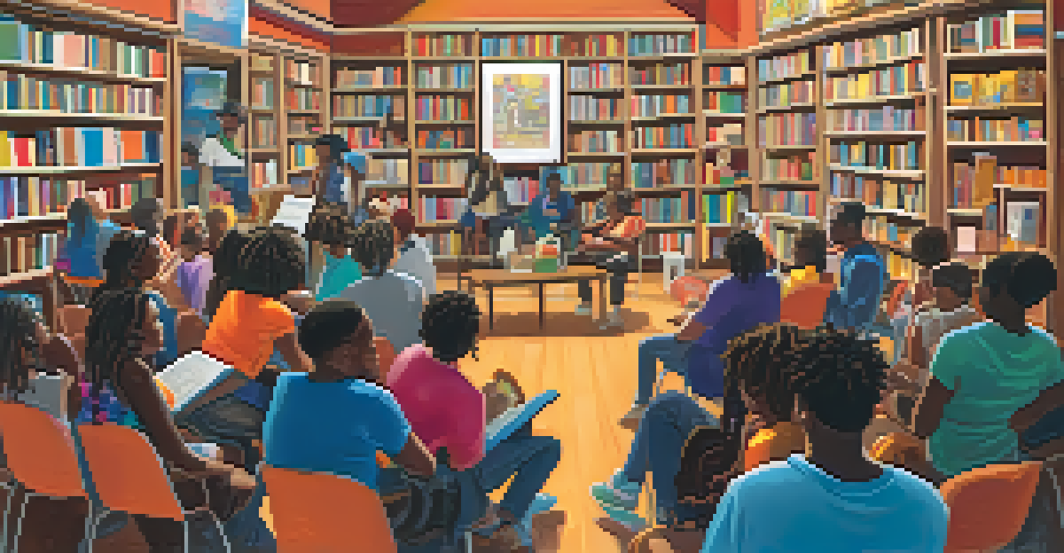 A lively poetry slam event at a bookstore, with a young poet performing and an engaged audience enjoying the atmosphere.