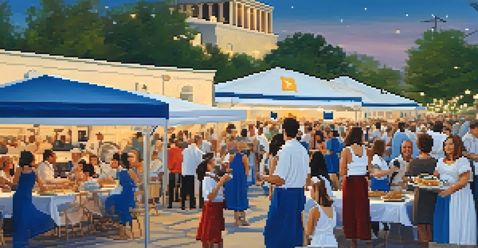 A long table filled with Greek dishes at the Houston Greek Festival, with people dancing and blue and white decorations.