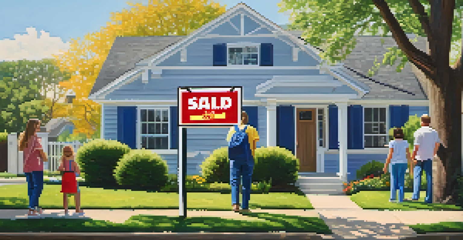 A hopeful family in front of a suburban home in Houston, holding a 'For Sale' sign on a sunny day.