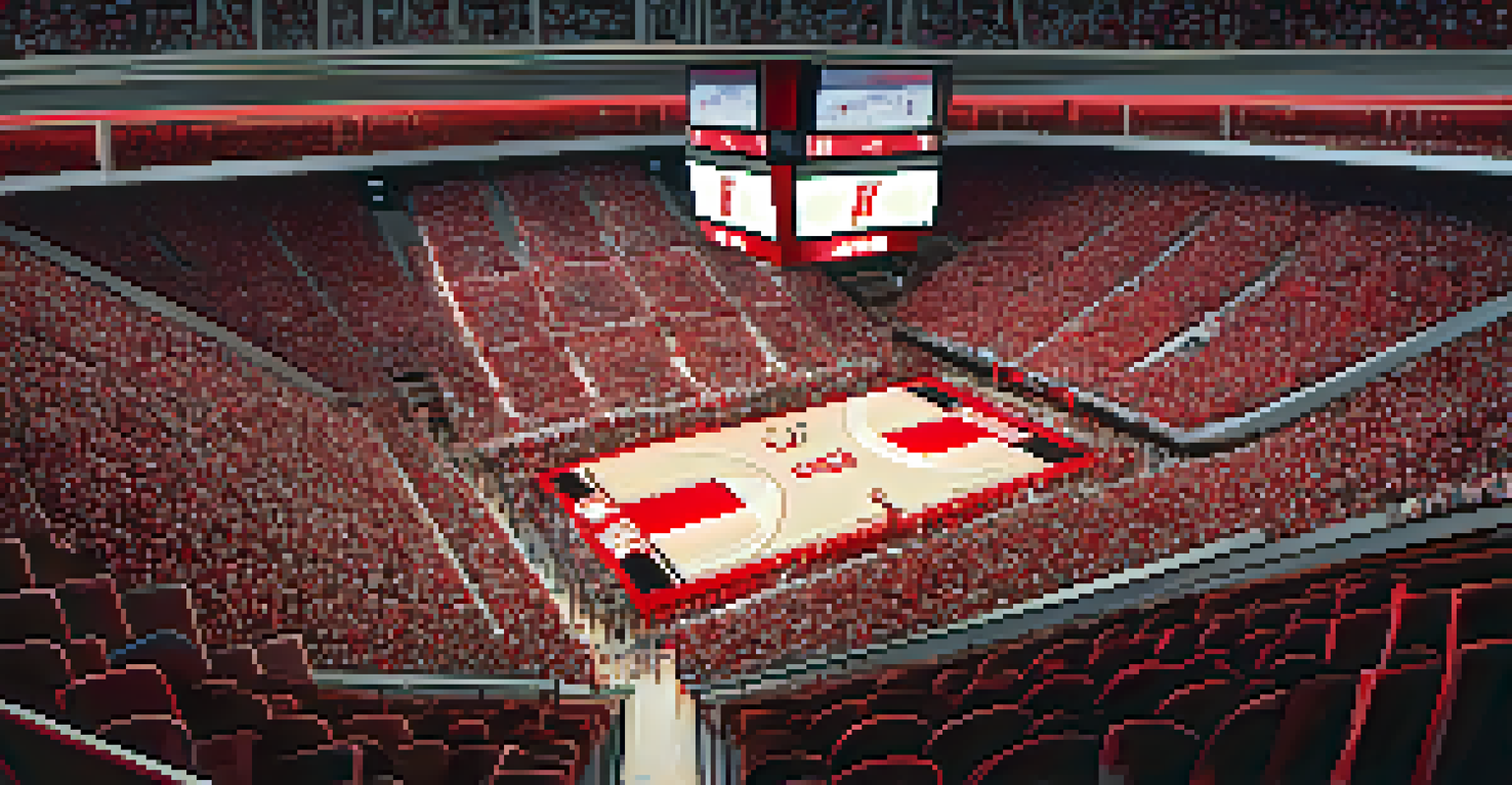 An aerial view of a packed college basketball game at the University of Houston with players in action and fans cheering.