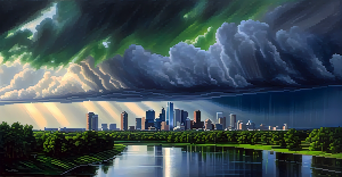 A panoramic view of Houston's skyline with storm clouds and sunlight, surrounded by greenery and reflections in a bayou.