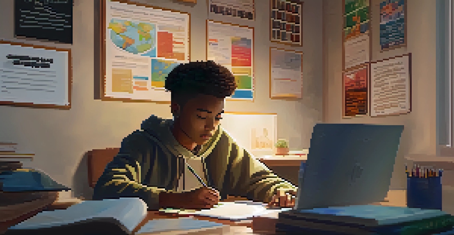 A high school student focused on online learning at a desk in a cozy, well-decorated room.