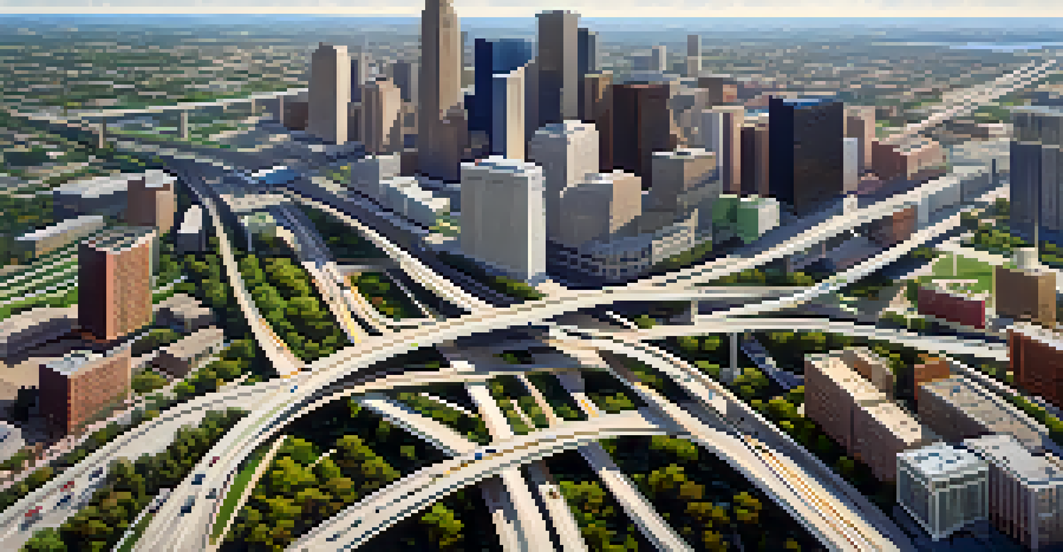 An aerial view of Houston's public transit system with bus rapid transit lanes and light rail lines connecting various urban areas.