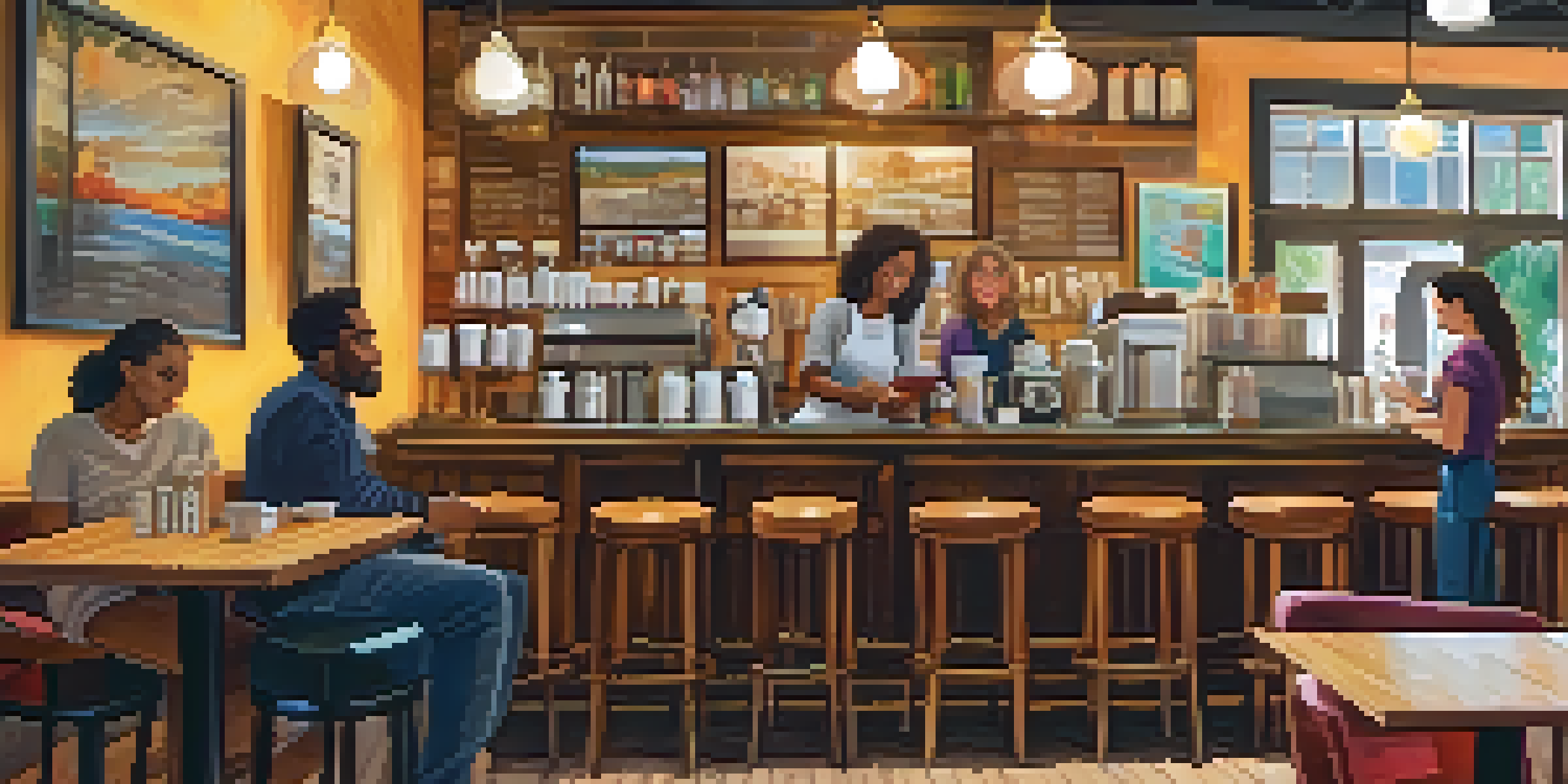 A warm and inviting coffee shop with diverse customers enjoying conversations, surrounded by colorful artwork and a friendly barista at work.