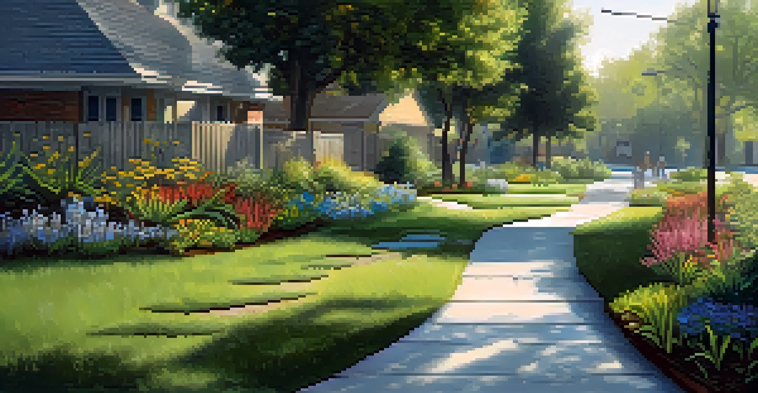 A detailed view of a rain garden in Houston featuring native plants and sustainable design elements, with sunlight filtering through the trees.