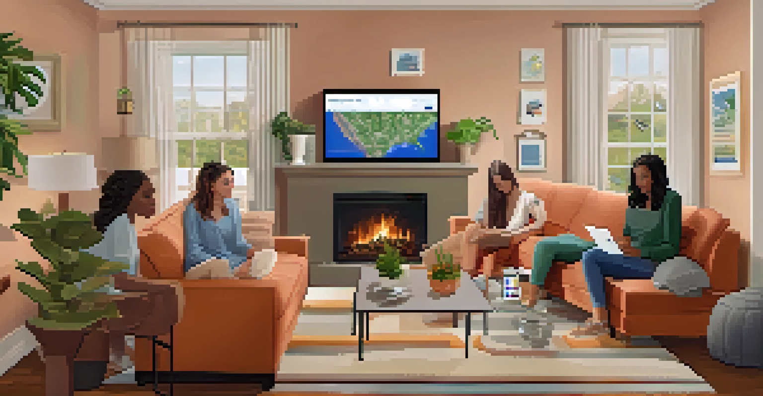 A computer screen displaying a social media group where neighbors discuss hurricane preparedness in a cozy living room.