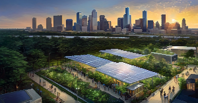 A sunset view of Houston's skyline with solar panels in the foreground and green spaces, depicting community engagement in sustainability.