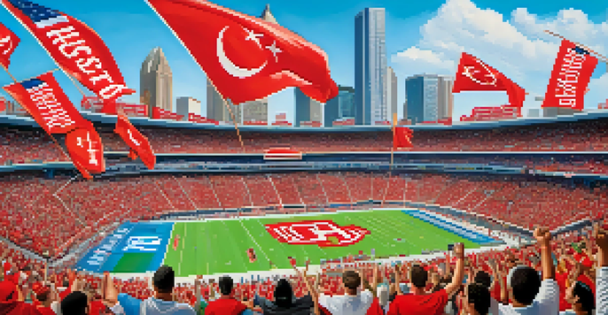 A lively outdoor sports event in Houston with fans in Rockets jerseys cheering and a skyline backdrop.