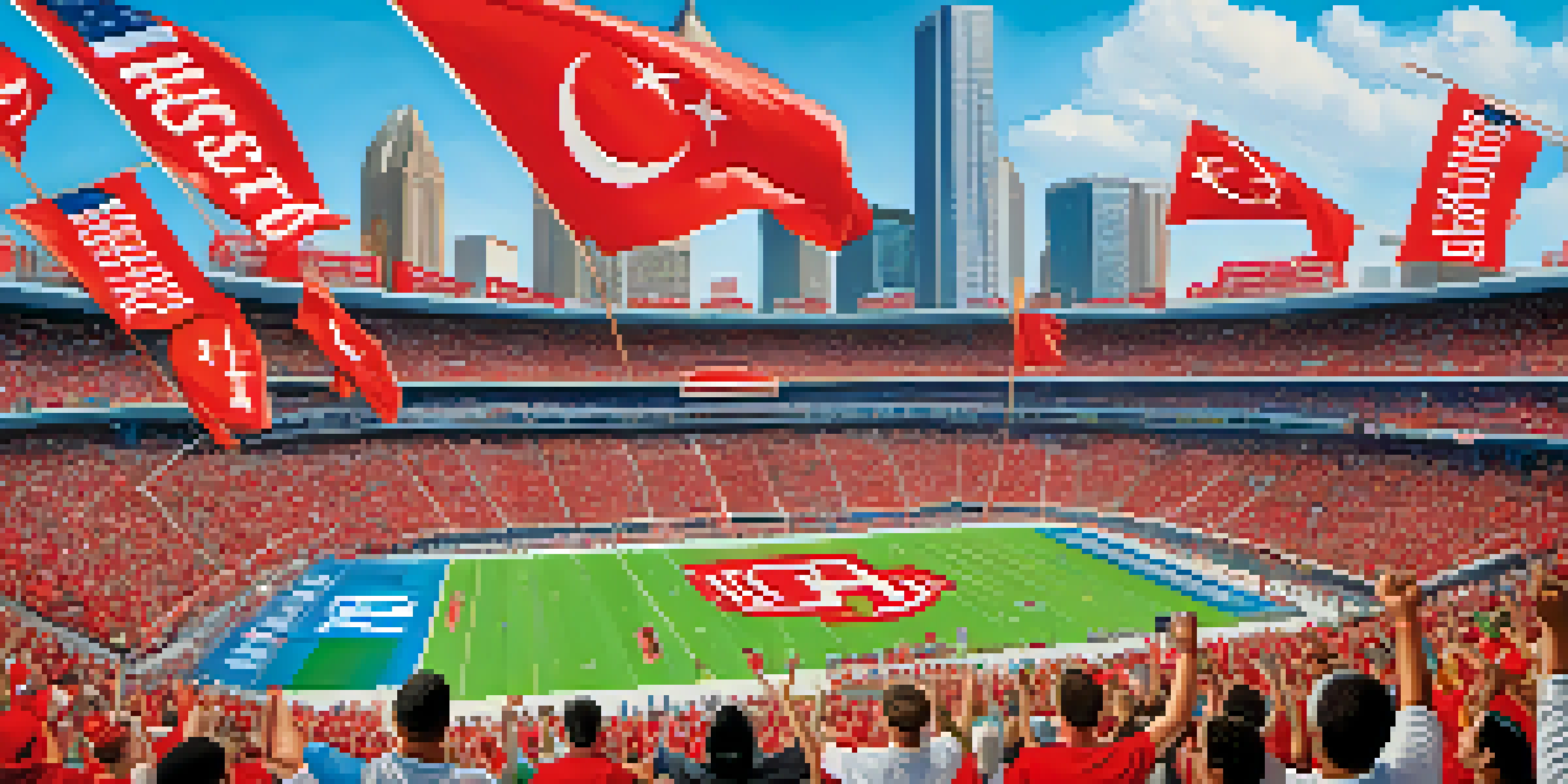 A lively outdoor sports event in Houston with fans in Rockets jerseys cheering and a skyline backdrop.