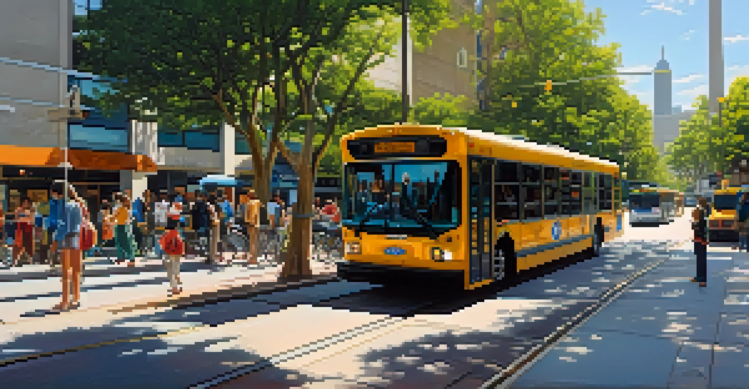 A busy public transportation hub in Houston with electric buses and cyclists surrounded by greenery.
