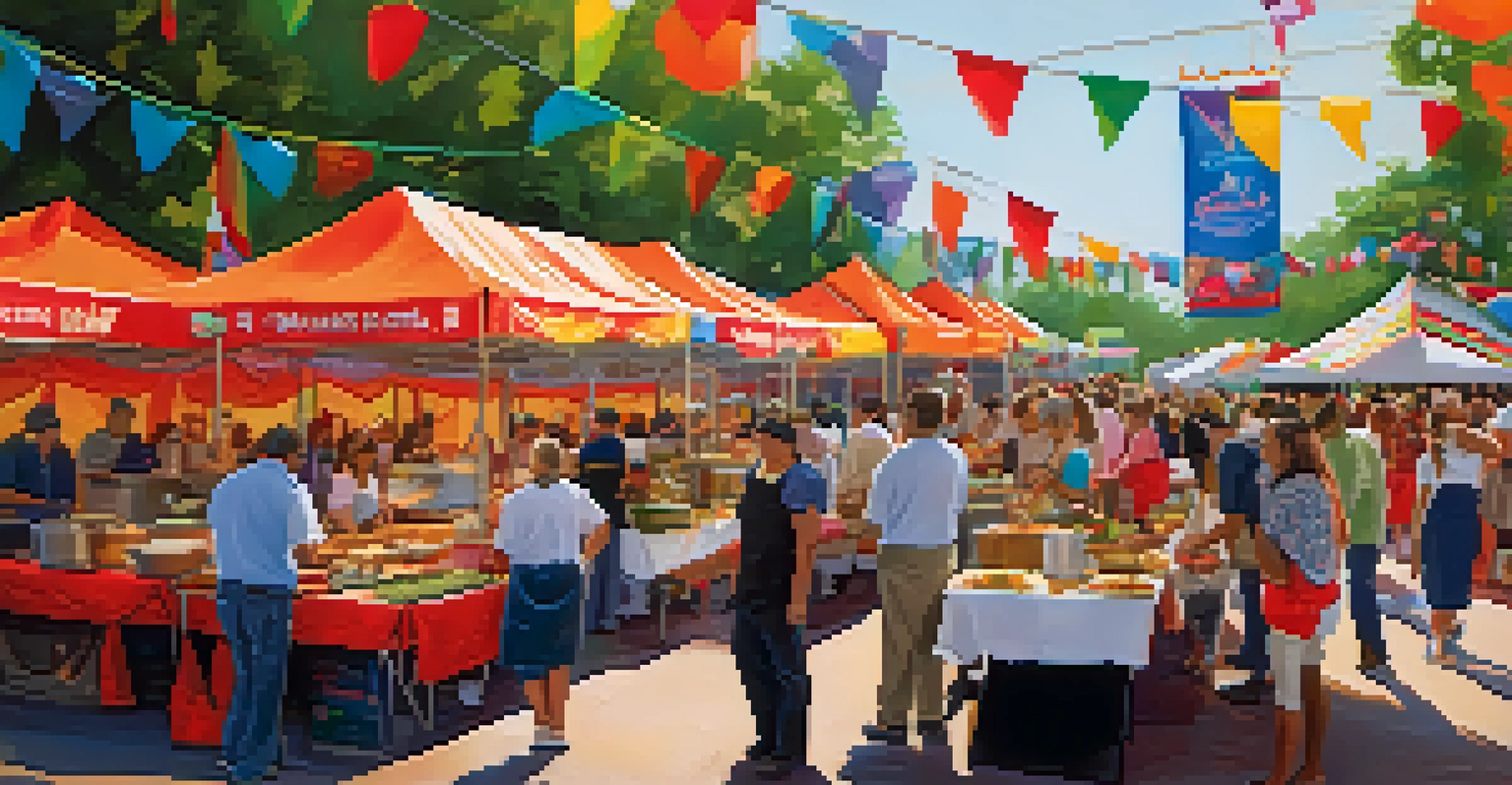 A lively food festival in Houston with food stalls, chefs preparing dishes, and people enjoying the vibrant atmosphere.