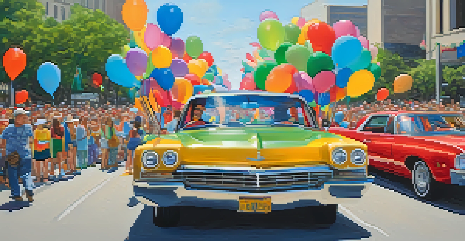 The Houston Art Car Parade with uniquely decorated cars and a crowd of enthusiastic spectators enjoying the festive atmosphere.