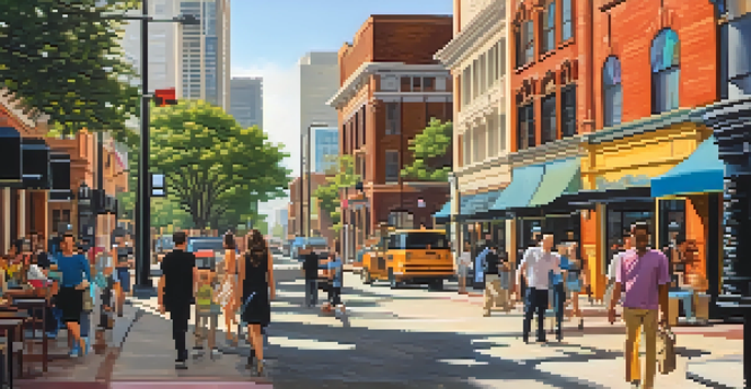 A vibrant urban street in Houston with a mix of old and new buildings, diverse people, and colorful street art.