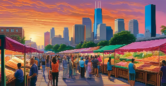 A vibrant Houston skyline at sunset with people in an outdoor market.