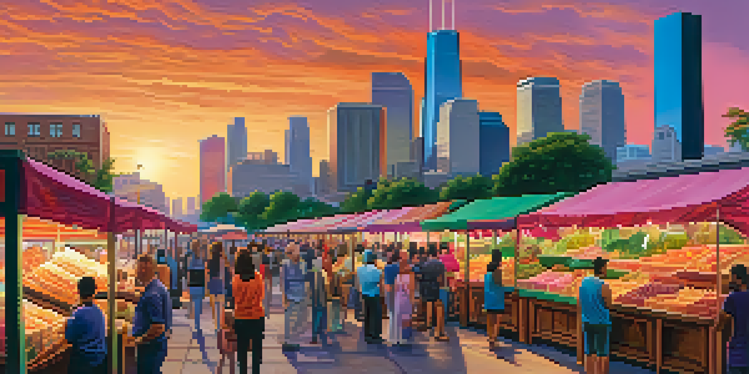 A vibrant Houston skyline at sunset with people in an outdoor market.