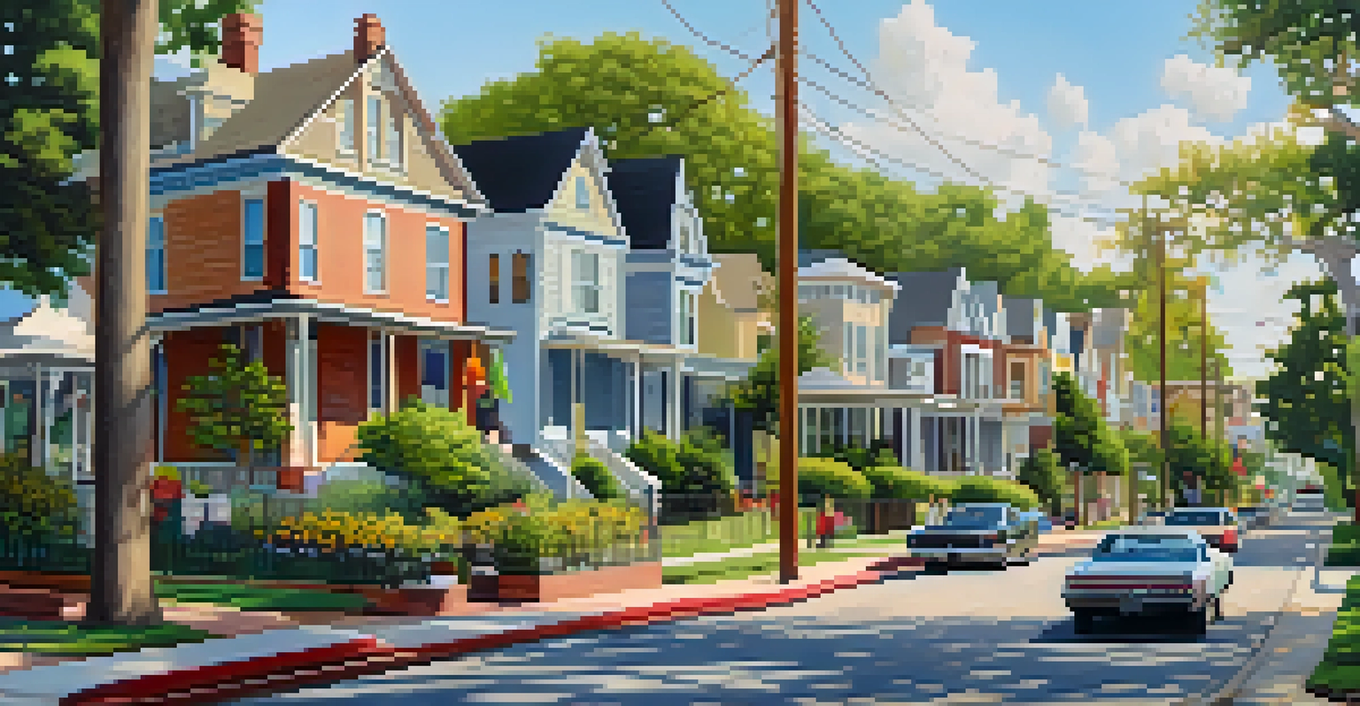 A peaceful view of The Heights neighborhood in Houston, featuring Victorian homes, art installations, and people enjoying a festival.