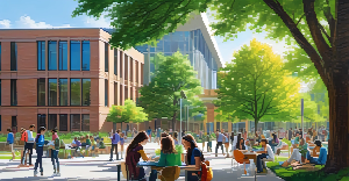 A diverse group of university students collaborating outdoors on a sunny day, surrounded by greenery and modern architecture.